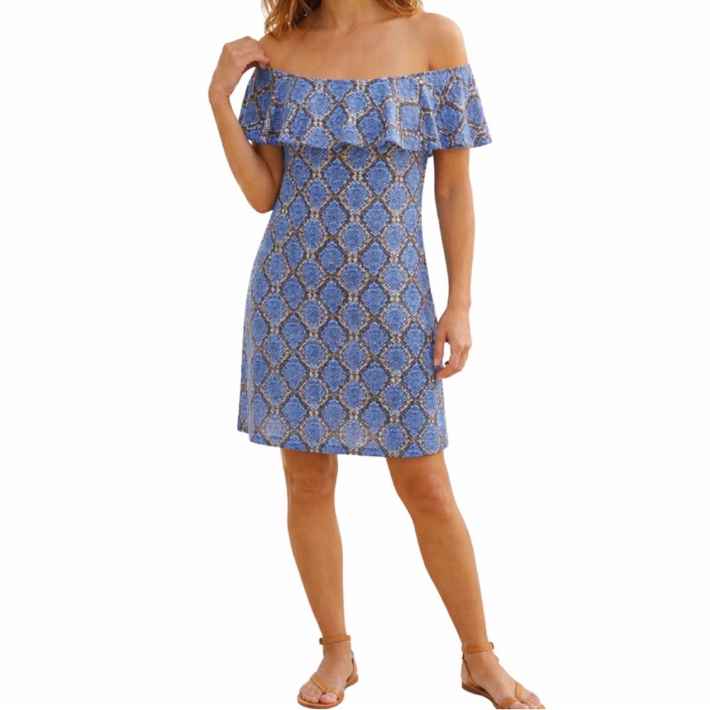 Tommy Bahama Blue Snakeskin Print Off Shoulder Ruffle Dress Large